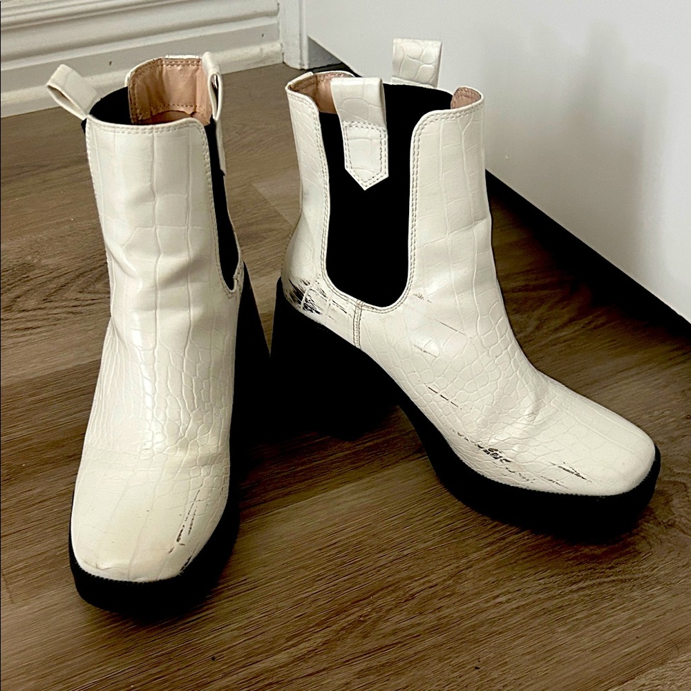 White Croc-Embossed Platform Boots